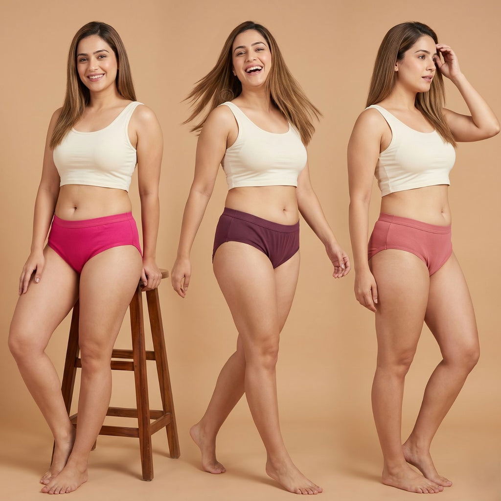 Elen Vosky Women Cotton Panties Pack of 3 | Breathable Cotton Lycra Fabric | Full Coverage Panty Set | Mid Rise Stretch Fit | Anti Odor & Sweat Absorbent | women innerwear