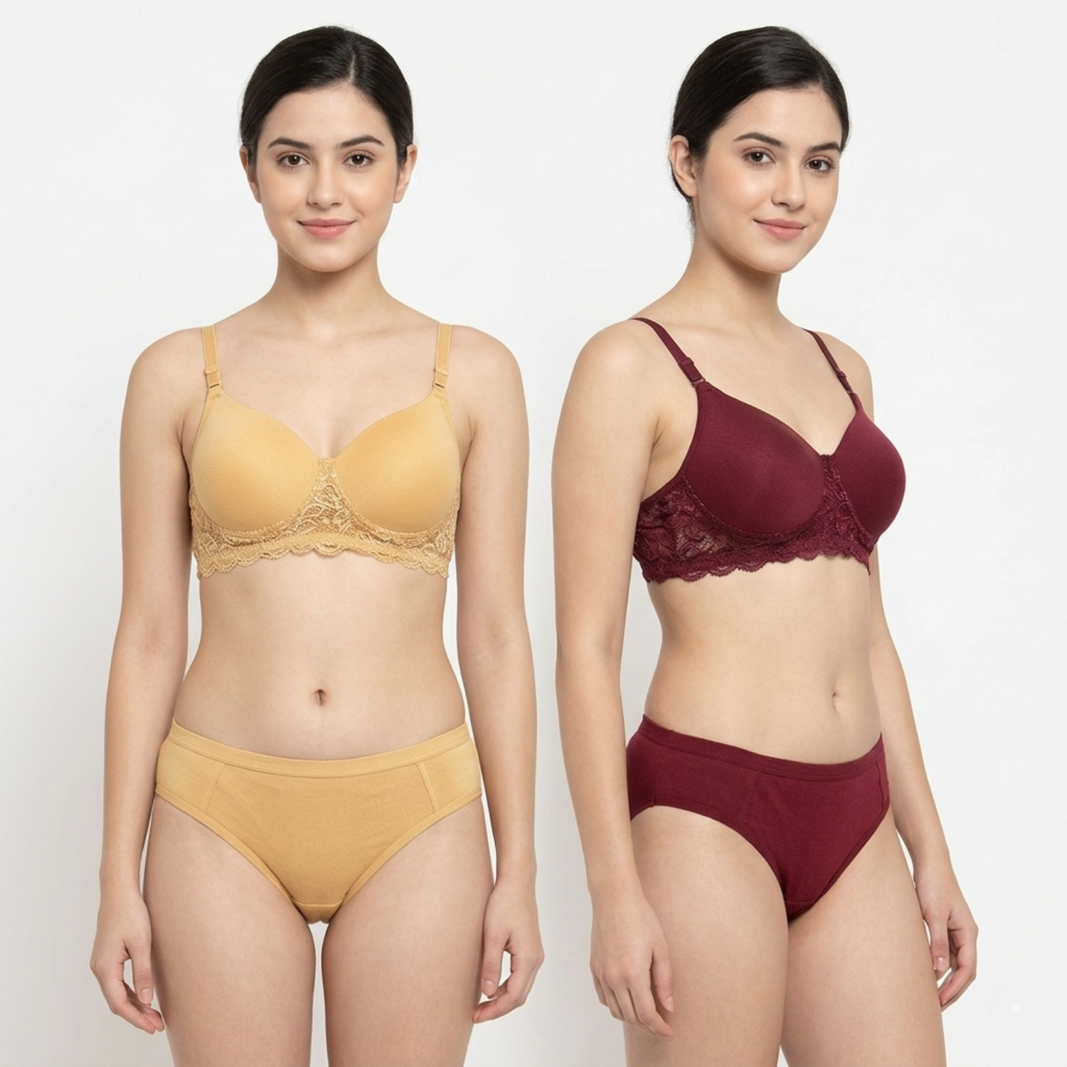 Elen Vosky Women’s Lingerie Set(Pack of 2) | Bra Panty Set with Strappy Detailing |Breathable Cotton Lycra Fabric | Seamless Padded Bra with Lace Bottom Band