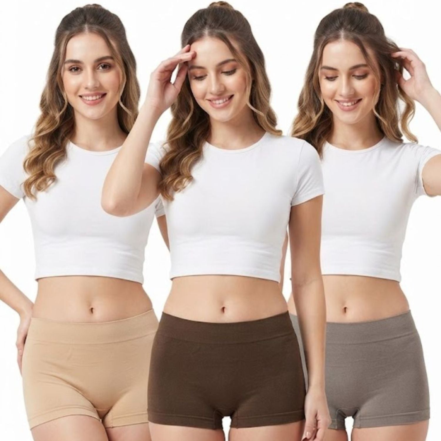 Premium Mid Waist Seamless Shorts for Girls and Women Spandex Boy Shorts Panties (Pack of 3)(2011-SK-BR-GY)