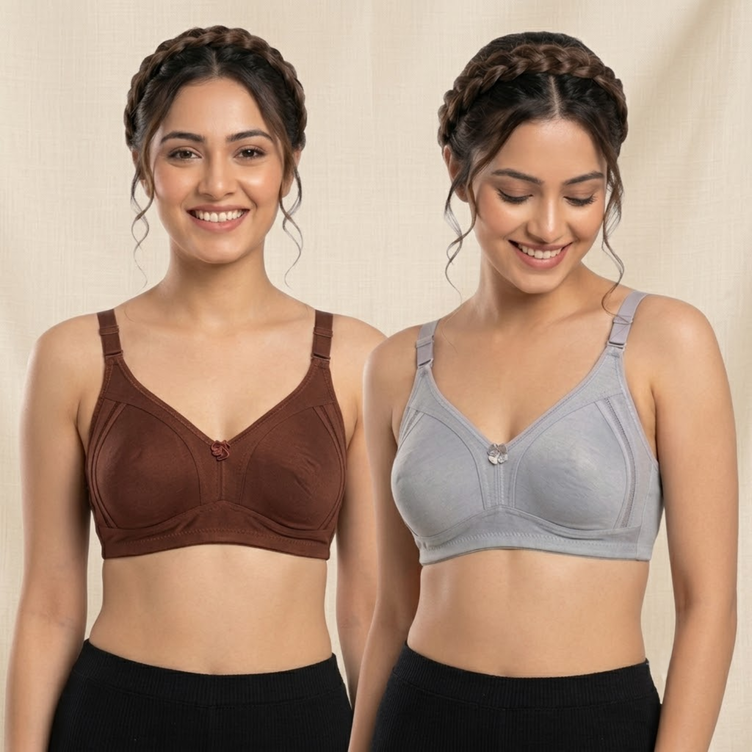 Elen Vosky Premium Women Bra Combo (Pack of 2) | Seamless Non-Padded Bra with Center Bow Design | 3-Hook Closure | Soft Fine Cotton Fabric | All-Day Comfort