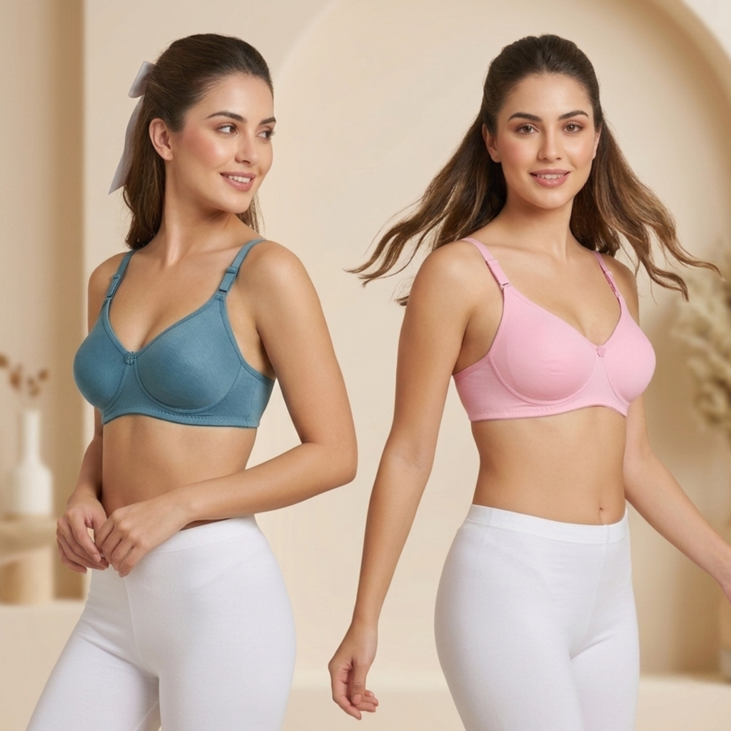 Elen Vosky Padded Bra for Women (Pack of 2) | Push-Up Seamless Adjustable Shoulder Bra | Comfortable Everyday Wear | Lightly Lined Wireless Support | Soft Breathable Lingerie