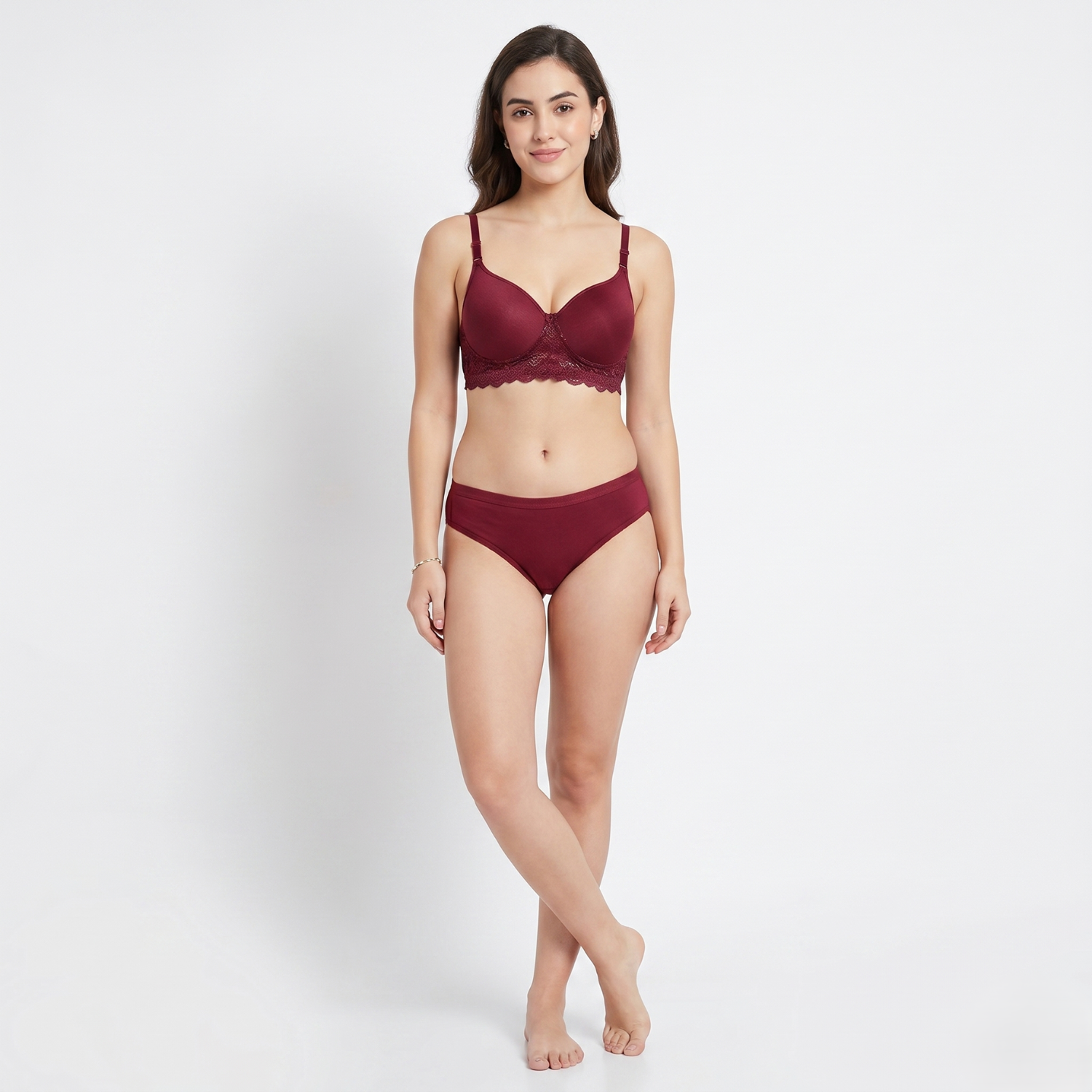Elen Vosky Women’s Lingerie Set | Panty Set with Strappy Detailing | Breathable Cotton Lycra Fabric | Seamless Padded Bra with Lace Bottom Band