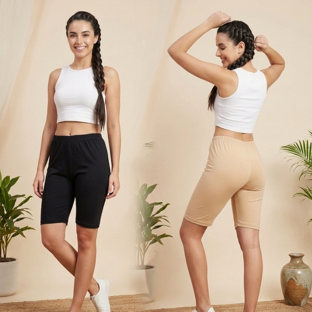 Elen Vosky Women’s Cotton Lycra Shorts (Pack of 2) | Stretchable, Soft & Breathable | Comfortable Elastic Waist Casual Shorts for Daily Wear, Gym & Lounge | Short for women (Large)
