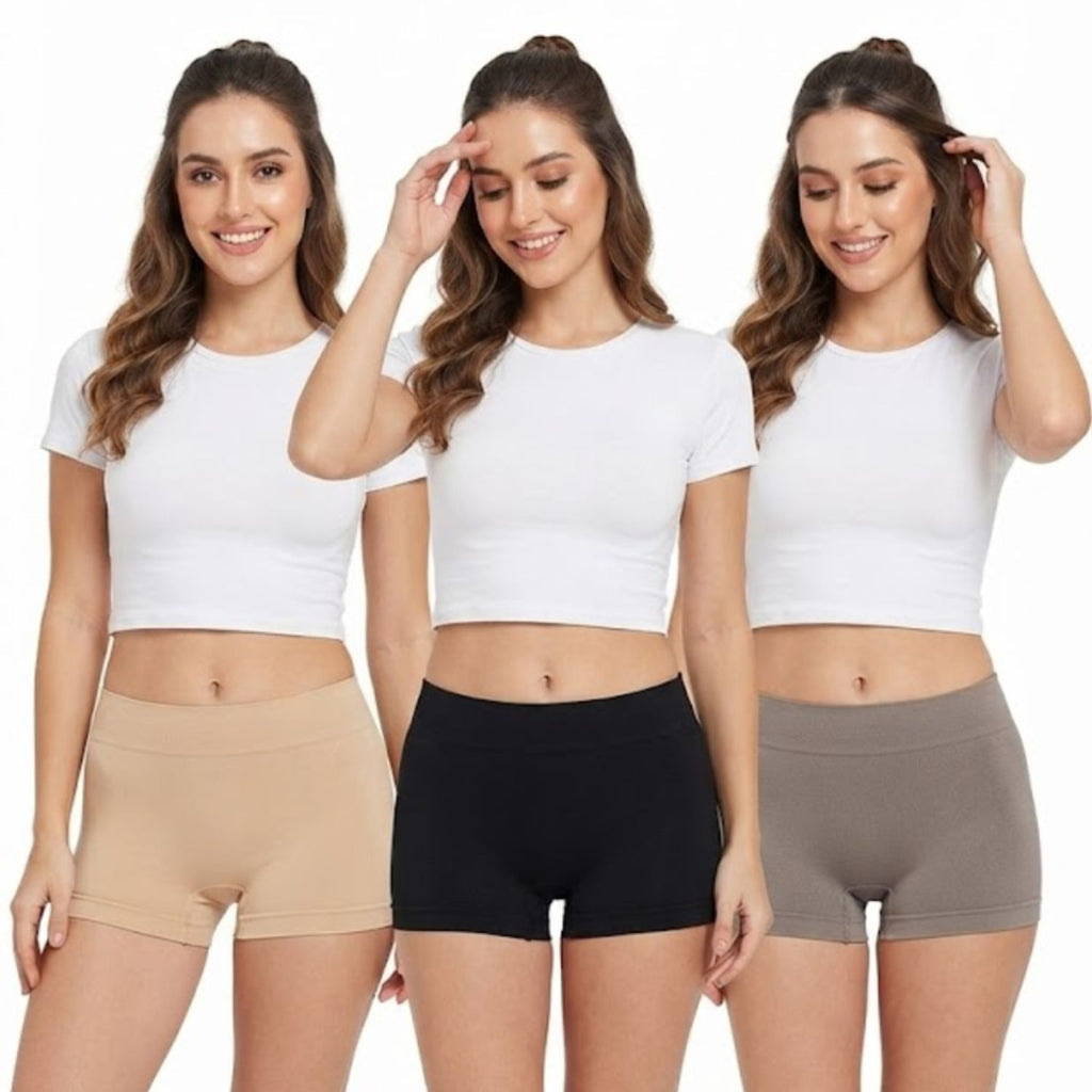 Premium Mid Waist Seamless Shorts for Girls and Women Spandex Boy Shorts Panties (Pack of 3)(2011-BK-SK-GY)