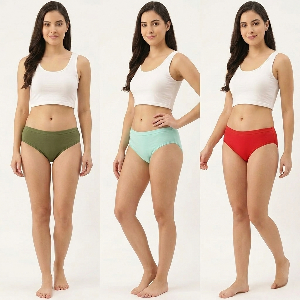 Elen Vosky Women Hipster Panties Pack of 3 | Breathable Cotton Lycra Fabric | Full Coverage Mid Rise Comfort Fit | Stretch Waistband | Anti Odor Everyday Wear