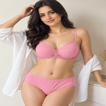 Elen Vosky Women’s Lingerie Set | Panty Set with Strappy Detailing | Breathable Cotton Lycra Fabric | Seamless Padded Bra with Lace Bottom Band
