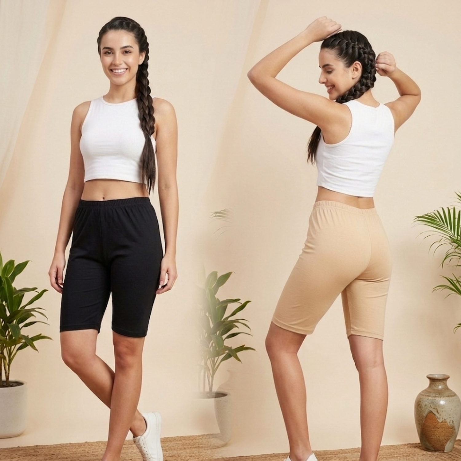 Elen Vosky Women’s Cotton  Shorts (Pack of 2) | Stretchable, Soft & Breathable | Comfortable Elastic Waist Casual Shorts for Daily Wear, Gym & Lounge | Short for women (Large)