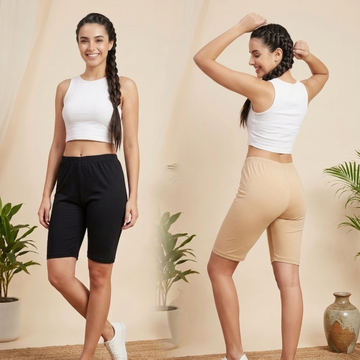 Elen Vosky Women’s Cotton  Shorts (Pack of 2) | Stretchable, Soft & Breathable | Comfortable Elastic Waist Casual Shorts for Daily Wear, Gym & Lounge | Short for women (Large)