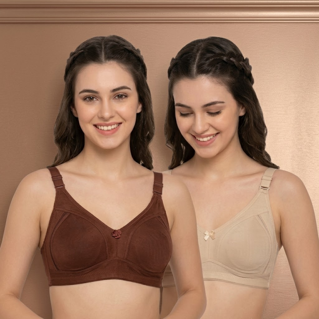 Elen Vosky Premium Women Bra Combo (Pack of 2) | Seamless Non-Padded Bra with Center Bow Design | 3-Hook Closure | Soft Fine Cotton Fabric | All-Day Comfort
