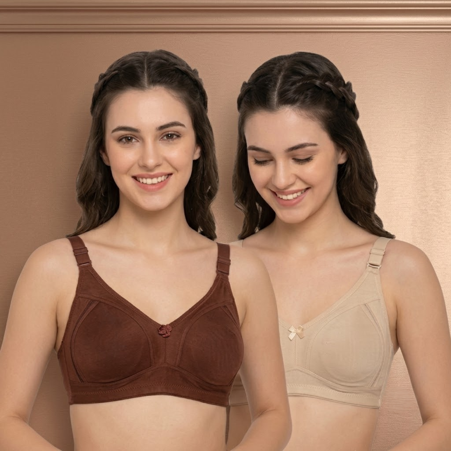 Elen Vosky Premium Women Bra Combo (Pack of 2) | Seamless Non-Padded Bra with Center Bow Design | 3-Hook Closure | Soft Fine Cotton Fabric | All-Day Comfort