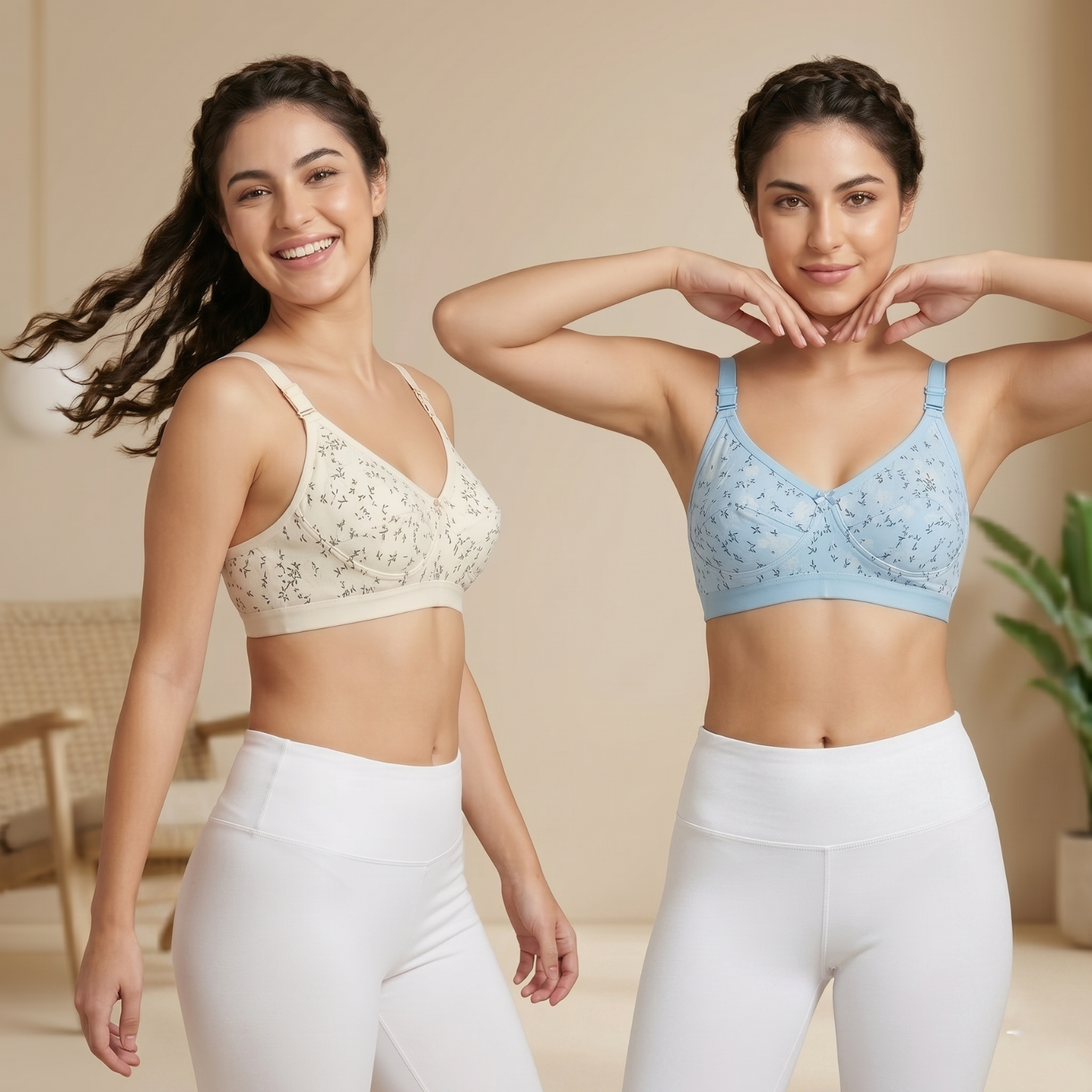 Elen Vosky Women Bra combo Pack of 2 | Seamless Non-Padded Bra with Lace Bottom Band | Breathable Cotton Lycra Fabric | All-Day Comfort
