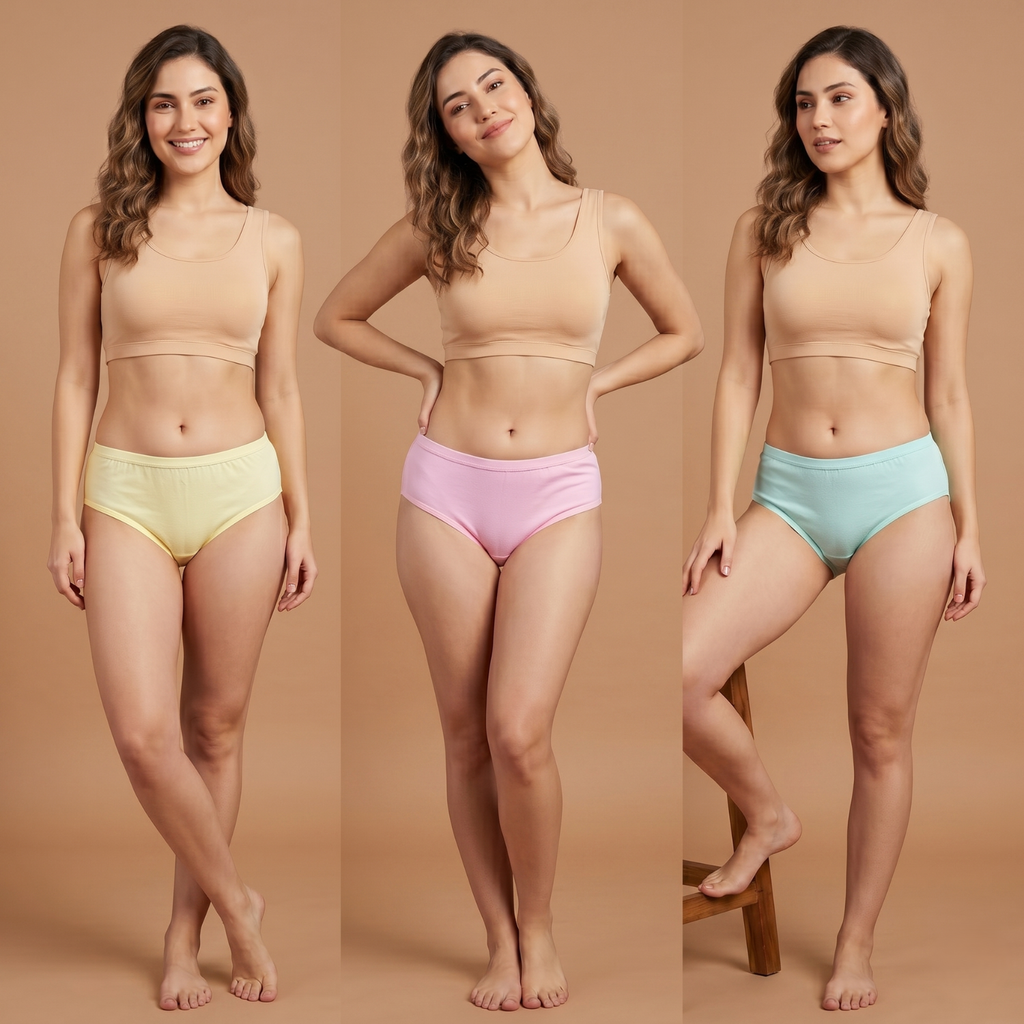 Elen Vosky Women Hipster Panties Pack of 3 | Breathable Cotton Lycra Fabric | Full Coverage Mid Rise Comfort Fit | Stretch Waistband | Anti Odor Everyday Wear