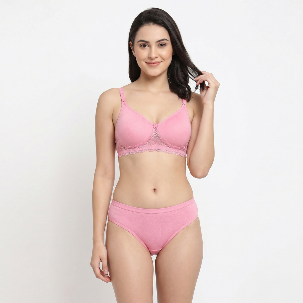 Elen Vosky Women’s Lingerie Set | Panty Set with Strappy Detailing | Breathable Cotton Lycra Fabric | Seamless Padded Bra with Lace Bottom Band