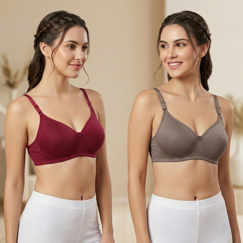 Elen Vosky Bra for Women | Seamless, Padded Bra | Comfortable Everyday Wear | Push-Up Seamless Adjustable Shoulder Bra| Lightly Lined Wireless Support | Breathable Cotton Lycra Fabric Pack of 2