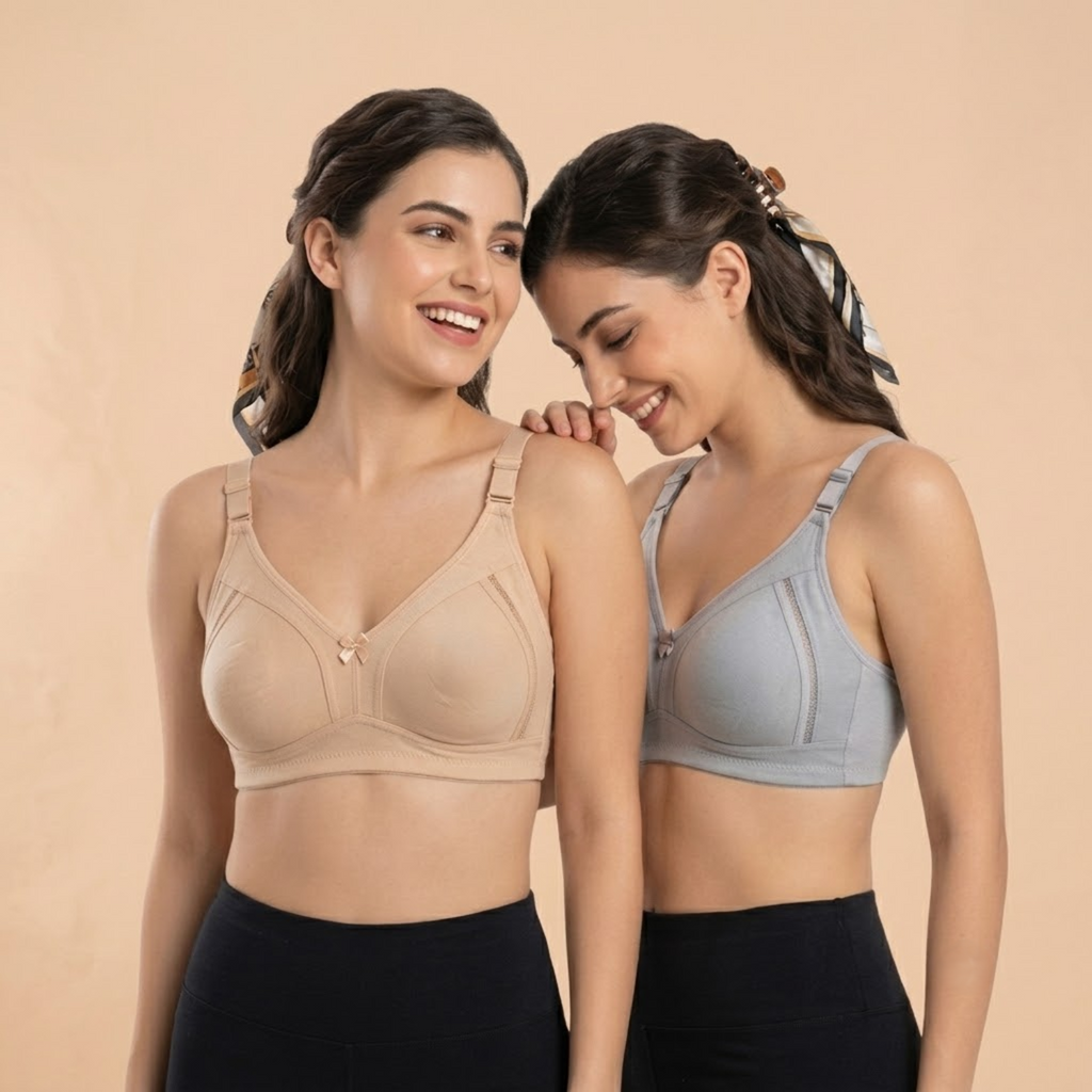Elen Vosky Premium Women Bra Combo (Pack of 2) | Seamless Non-Padded Bra with Center Bow Design | 3-Hook Closure | Soft Fine Cotton Fabric | All-Day Comfort