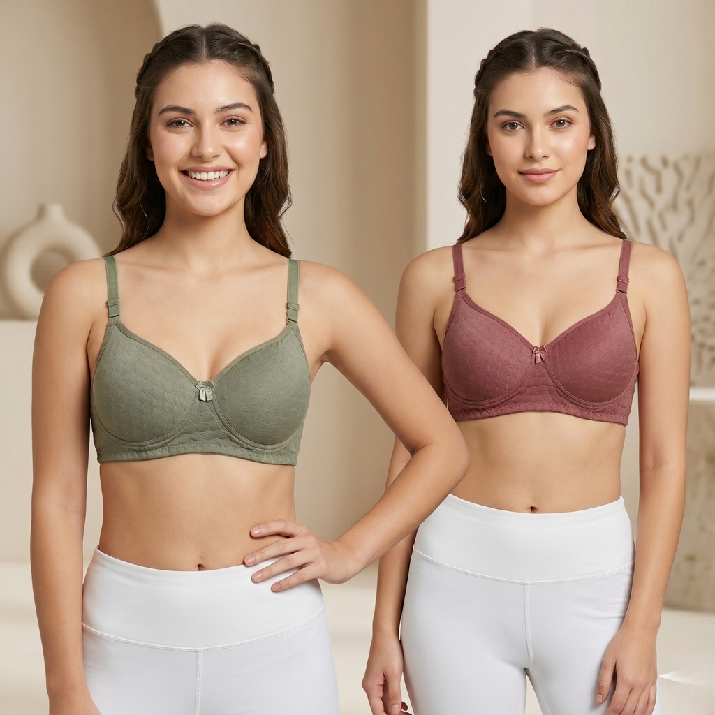Elen Vosky Bra for Women | Seamless, Padded Bra | Comfortable Everyday Wear | Lightly Lined Wireless Support | Breathable Cotton Lycra Fabric (Pack of 2)