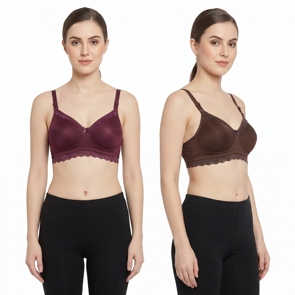 Elen Vosky Lace Design Bra for Women(Pack of 2) | Seamless Padded Bra with Lace Bottom Band | Wireless T-Shirt Bra | Comfortable Everyday Wear | Breathable Cotton Lycra Fabric