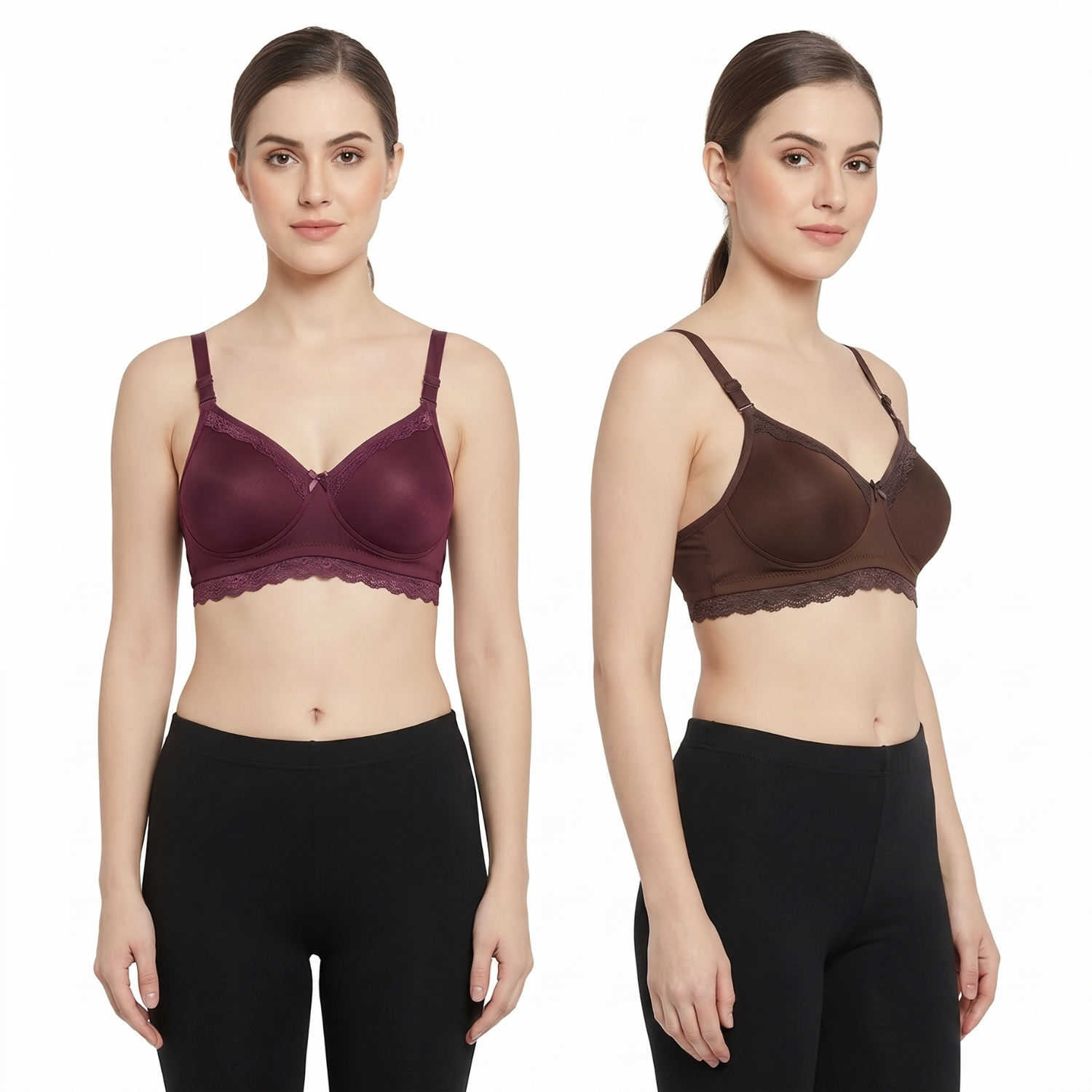 Elen Vosky Lace Design Bra for Women(Pack of 2) | Seamless Padded Bra with Lace Bottom Band | Wireless T-Shirt Bra | Comfortable Everyday Wear | Breathable Cotton Lycra Fabric