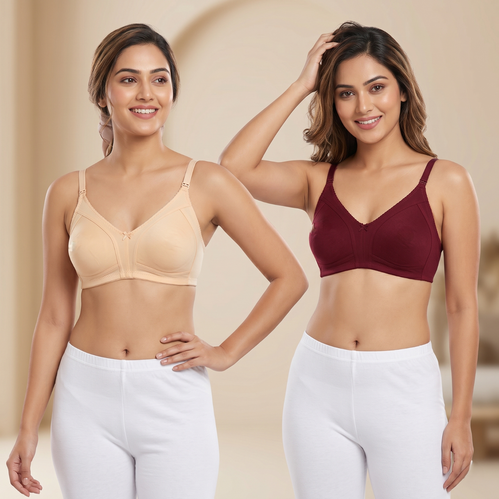 Elen Vosky Non Padded Bra for Women (Pack of 2) | Wirefree Seamless Bra with Adjustable Straps | Soft Support Breathable Cotton Lycra Bra for Everyday Wear