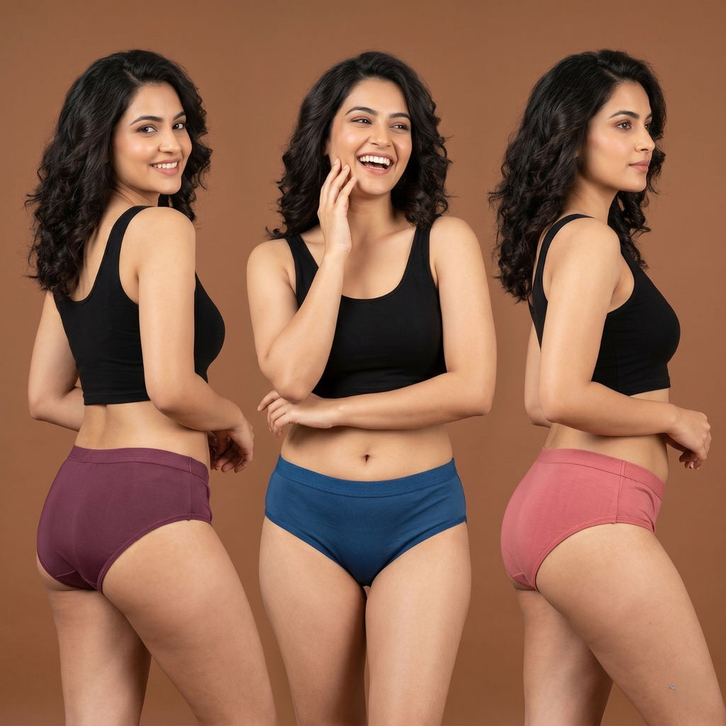 Elen Vosky Women Cotton Panties Pack of 3 | Breathable Cotton Lycra Fabric | Full Coverage Panty Set | Mid Rise Stretch Fit | Anti Odor & Sweat Absorbent | women innerwear