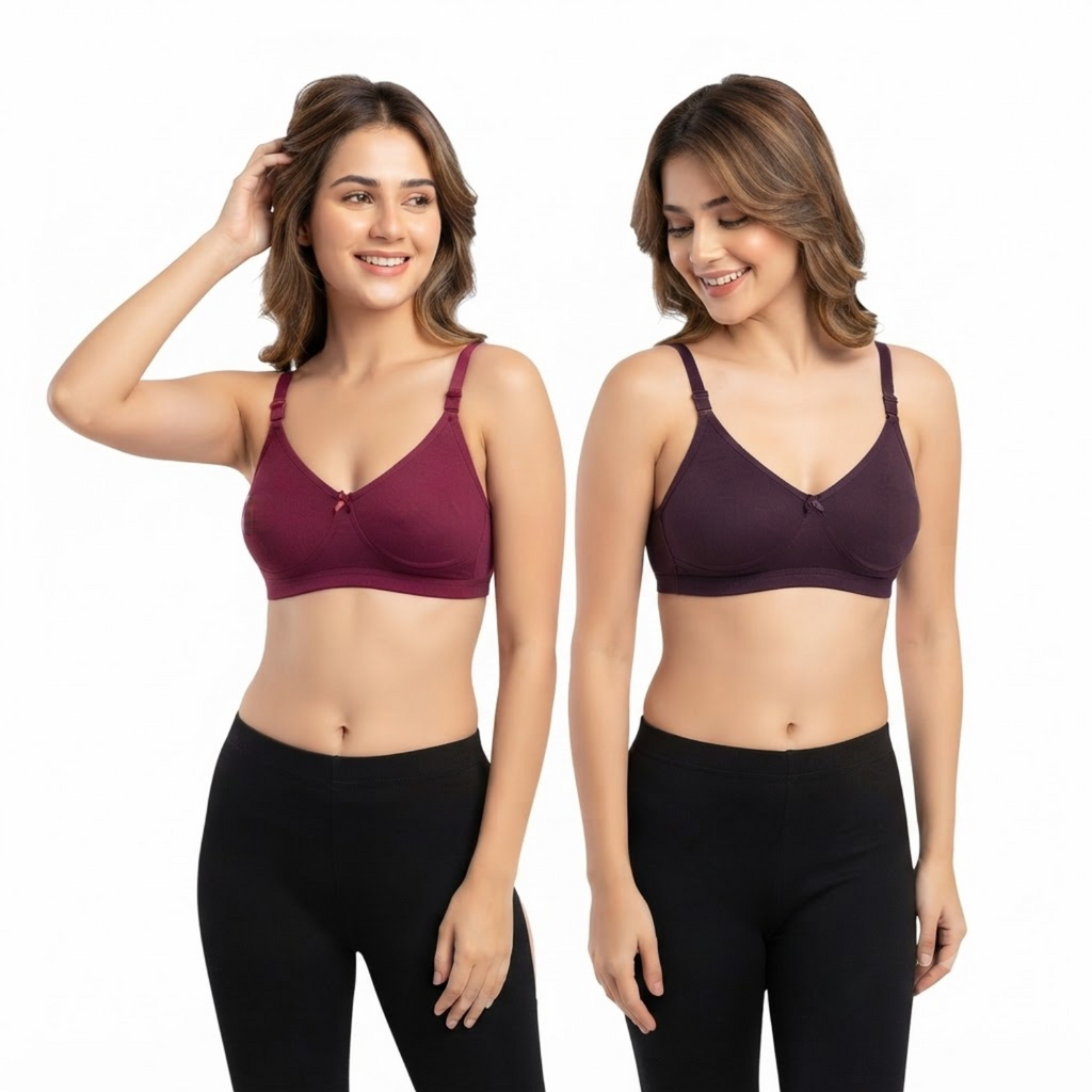 Elen Vosky Non-Padded Bra for Women (Pack of 2) | Seamless Wireless | 3-Hook Back Closure | Adjustable Shoulder Straps | Breathable Cotton Fabric | Everyday Wear