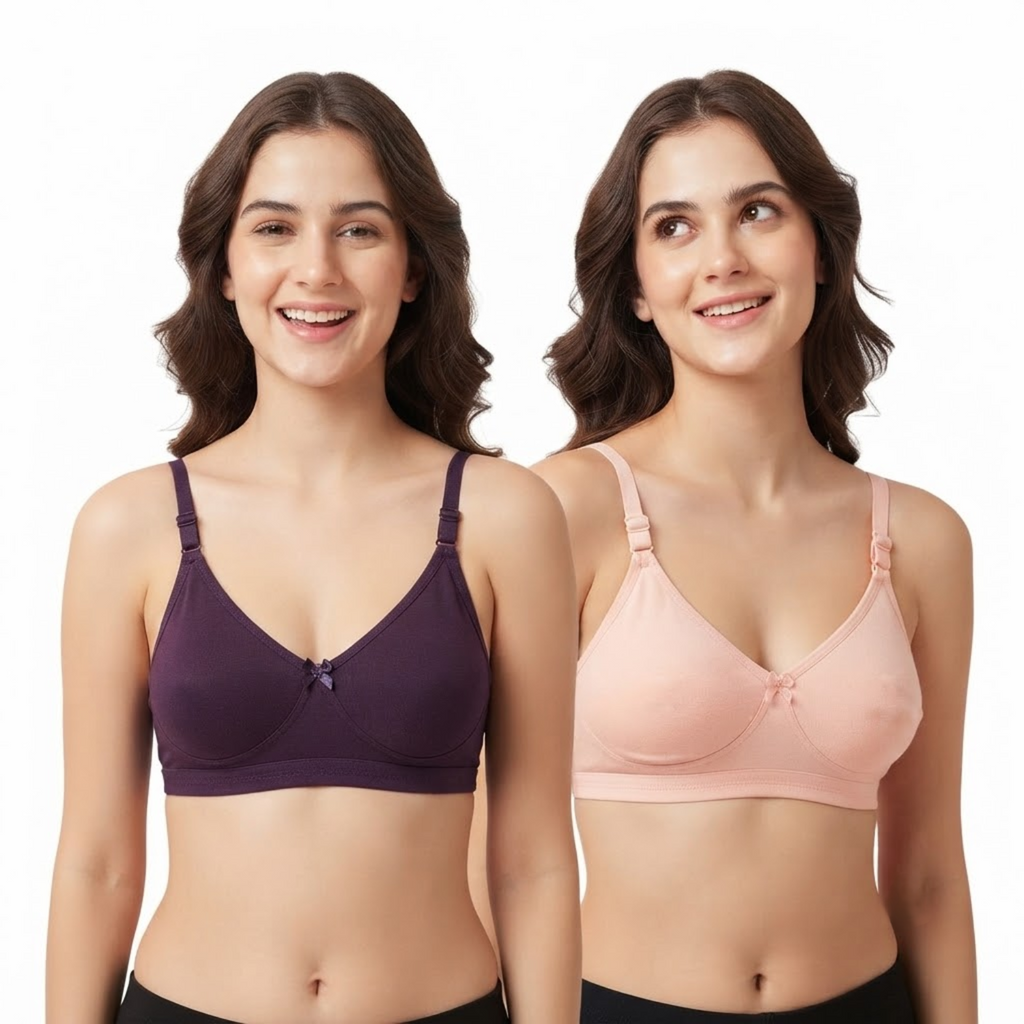 Elen Vosky Non-Padded Bra for Women (Pack of 2) | Seamless Wireless | 3-Hook Back Closure | Adjustable Shoulder Straps | Breathable Cotton Fabric | Everyday Wear