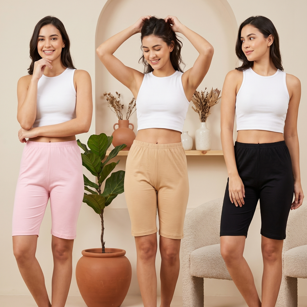 Elen Vosky Women’s Cotton Lycra Shorts | Stretchable, Soft & Breathable | Comfortable Elastic Waist Casual Shorts for Daily Wear, Gym & Lounge | Short for women (Pack of 3)