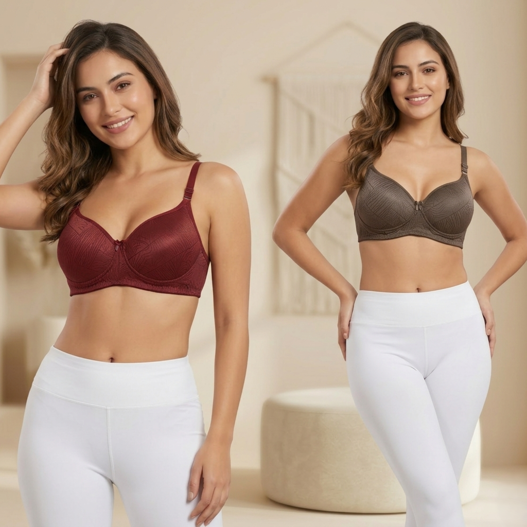 Elen Vosky Padded Bra for Women (Pack of 2) | Push-Up Seamless Adjustable Shoulder Bra | Comfortable Everyday Wear | Lightly Lined Wireless Support | Soft Breathable Lingerie