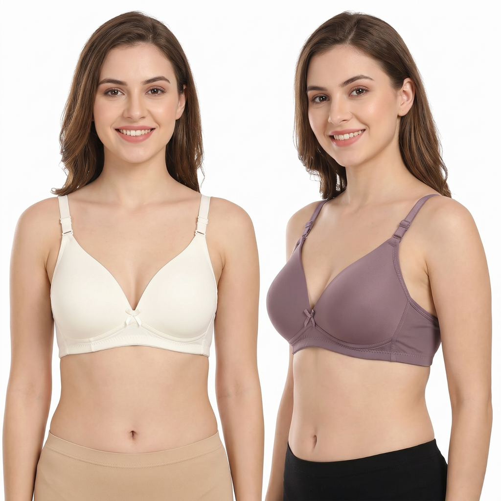 Elen Vosky Bra for Women (Pack of 2)| Seamless, Padded Bra | Comfortable Everyday Wear | Lightly Lined Wireless Support | Breathable Cotton Lycra Fabric