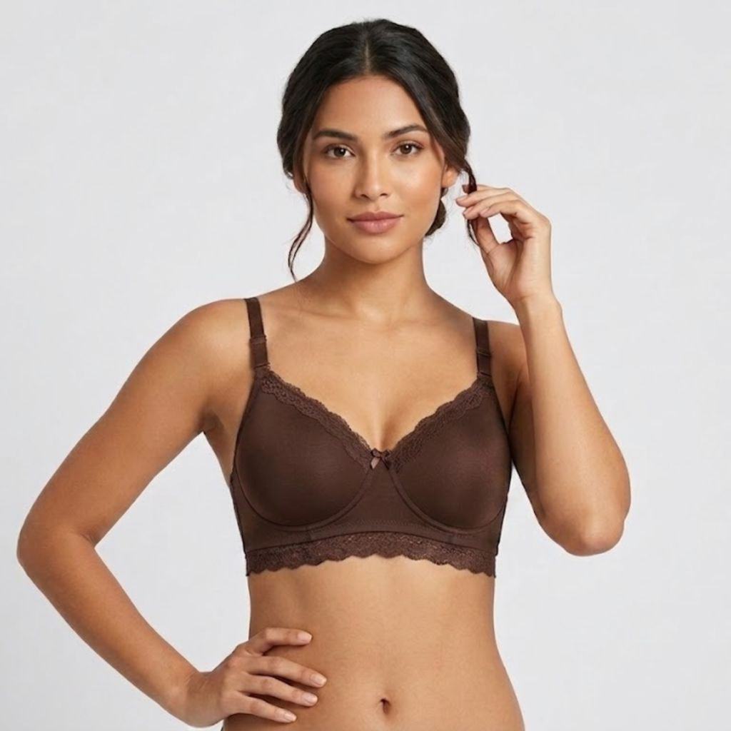 Elen Vosky Lace Design Bra for Women | Seamless Padded Bra with Lace Bottom Band | Wireless T-Shirt Bra | Comfortable Everyday Wear | Breathable Cotton Lycra Fabric