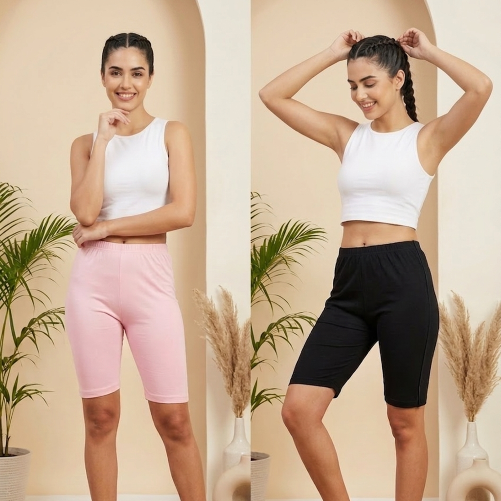 Elen Vosky Women’s Cotton Lycra Shorts (Pack of 2) | Stretchable, Soft & Breathable | Comfortable Elastic Waist Casual Shorts for Daily Wear, Gym & Lounge | Short for women (Large)