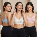 Elen Vosky Women Bra combo Pack of 3 | Seamless Non-Padded Bra with Lace Bottom Band | Breathable Cotton Lycra Fabric | All-Day Comfort