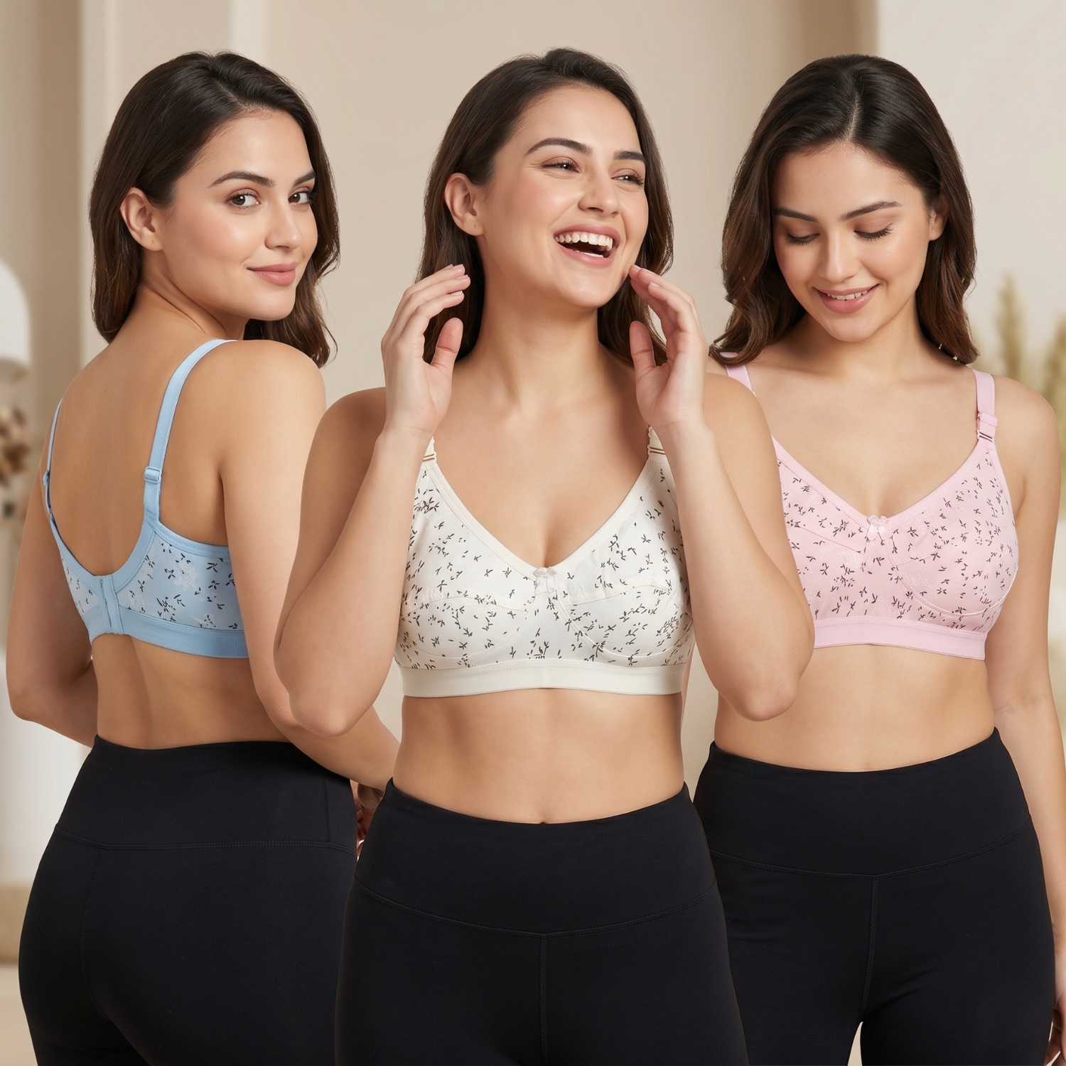 Elen Vosky Women Bra combo Pack of 3 | Seamless Non-Padded Bra with Lace Bottom Band | Breathable Cotton Lycra Fabric | All-Day Comfort