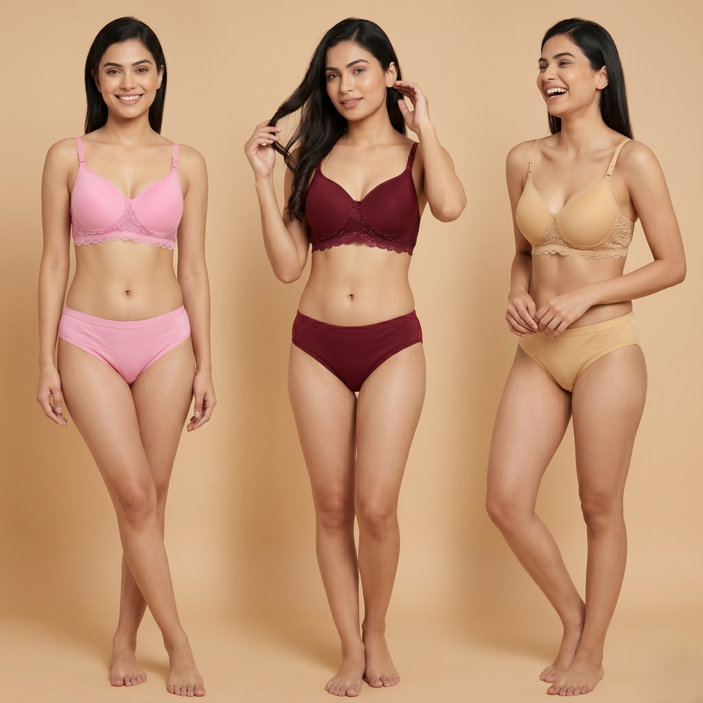 Elen Vosky Women’s Lingerie Set(Pack of 3) | Panty Set with Strappy Detailing | Breathable Cotton Lycra Fabric | Seamless Padded Bra with Lace Bottom Band