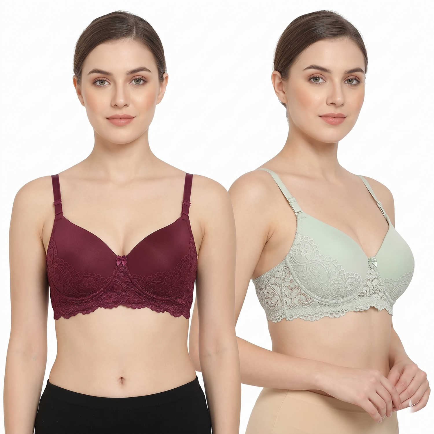 Elen Vosky Lace Design Bra for Women(Pack of 2 | Seamless Padded Bra with Lace Bottom Band | Adjustable strap bra | Comfortable Everyday Wear | Breathable Cotton Lycra Fabric