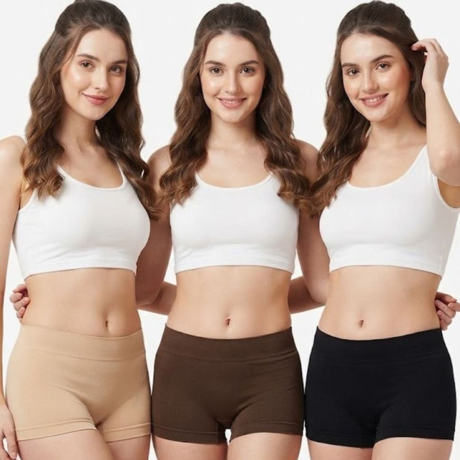 Premium Mid Waist Seamless Shorts for Girls and Women Spandex Boy Shorts Panties (Pack of 3)(2011-BK-SK-BR)