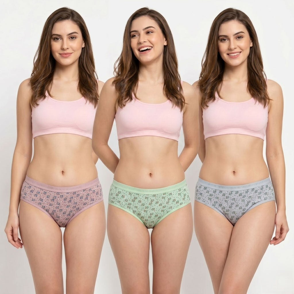 Elen Vosky Low Rise Hipster Panties for Women Pack of 3 | Stretch Waistband Grip Fit | Breathable Cotton Lycra Fabri | Stain Release Ladies Innerwear
