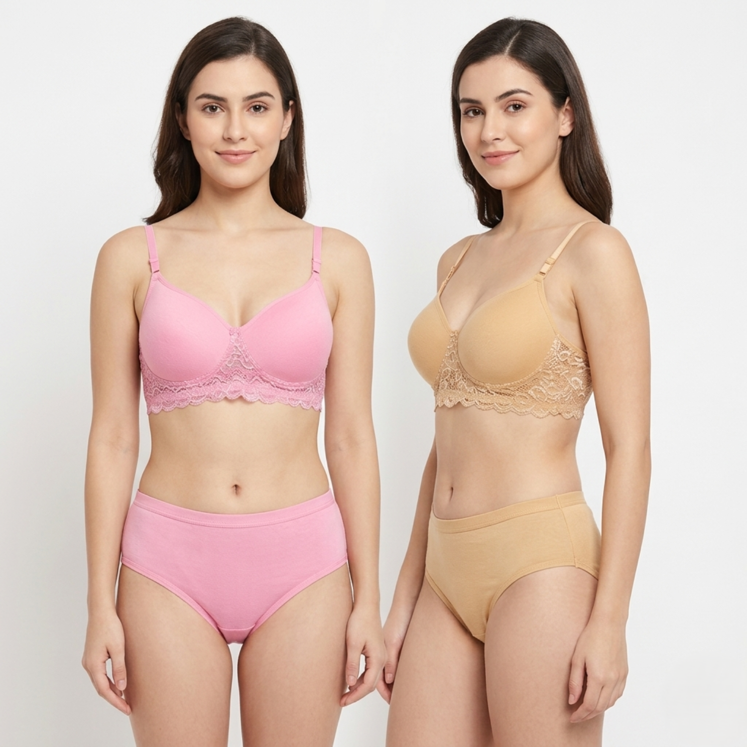 Elen Vosky Women’s Lingerie Set(Pack of 2) | Bra Panty Set with Strappy Detailing |Breathable Cotton Lycra Fabric | Seamless Padded Bra with Lace Bottom Band