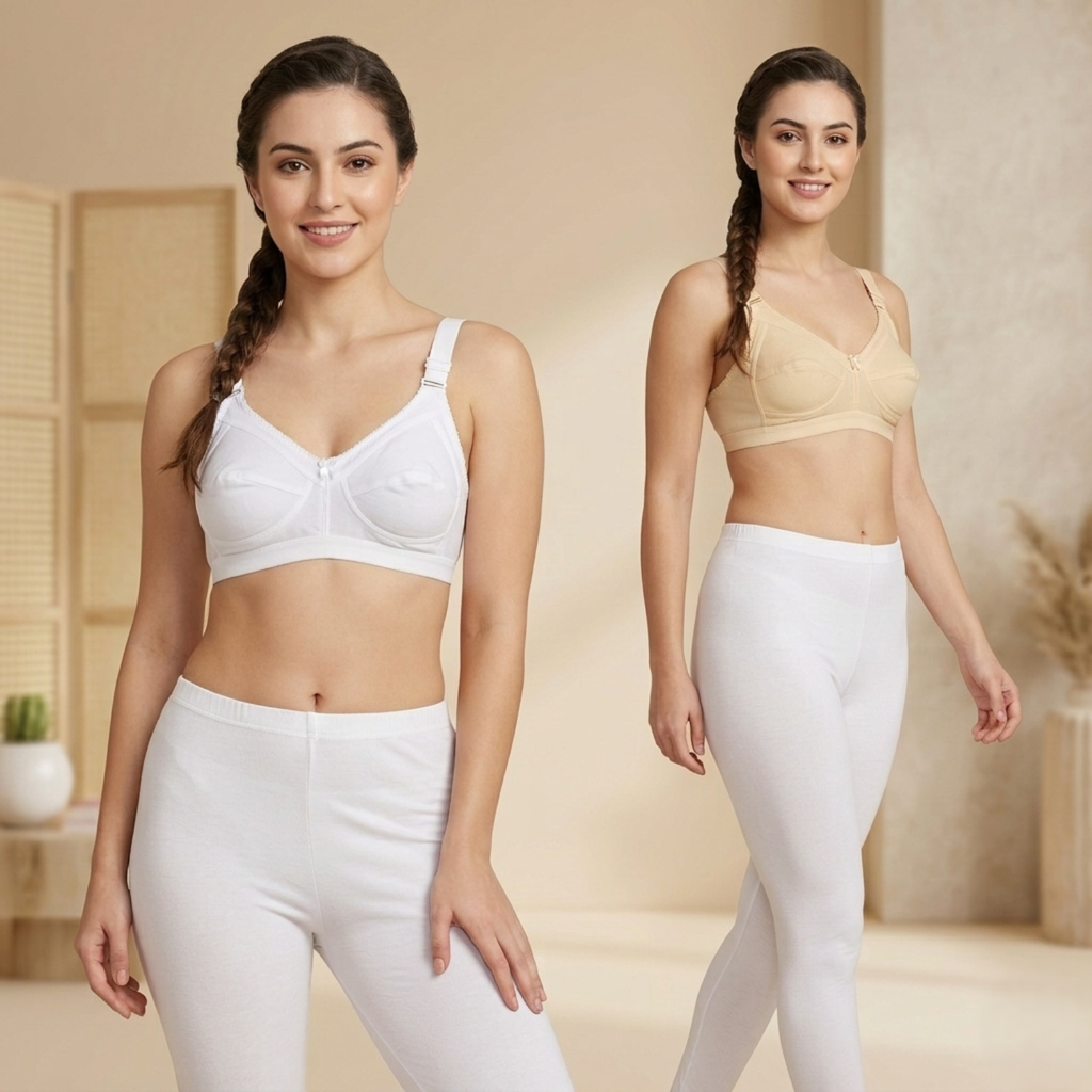 Elen Vosky Bra for Women Pack of 2 | Seamless,Non-Padded Bra with Lace Bottom Band | Wireless Bra | Comfortable Everyday Wear | Breathable Cotton Lycra Fabric