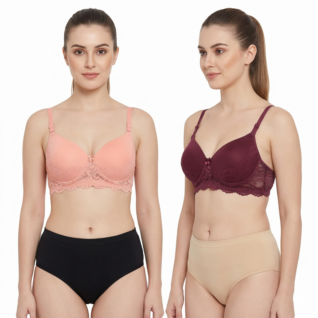 Elen Vosky Lace Design Bra for Women(Pack of 2 | Seamless Padded Bra with Lace Bottom Band | Adjustable strap bra | Comfortable Everyday Wear | Breathable Cotton Lycra Fabric