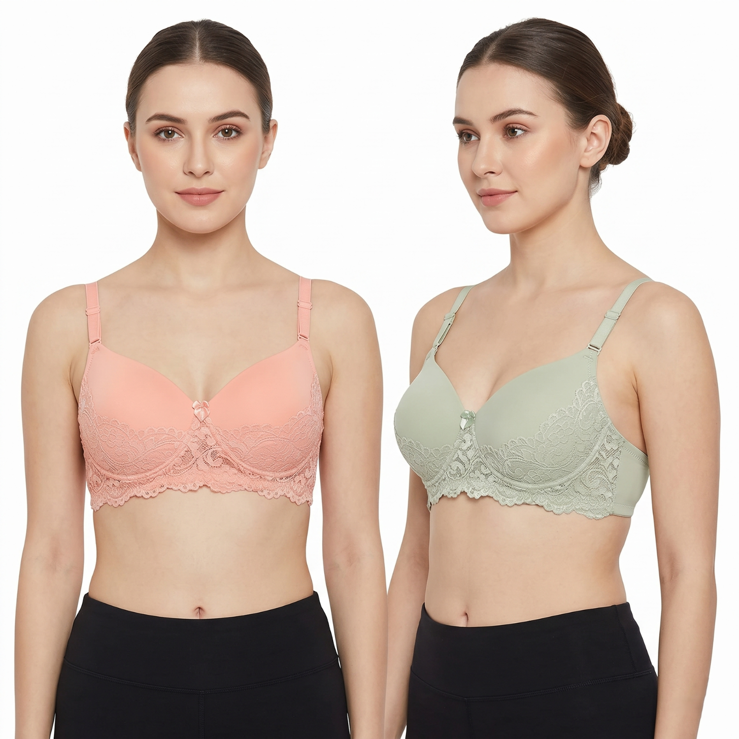 Elen Vosky Lace Design Bra for Women(Pack of 2 | Seamless Padded Bra with Lace Bottom Band | Adjustable strap bra | Comfortable Everyday Wear | Breathable Cotton Lycra Fabric