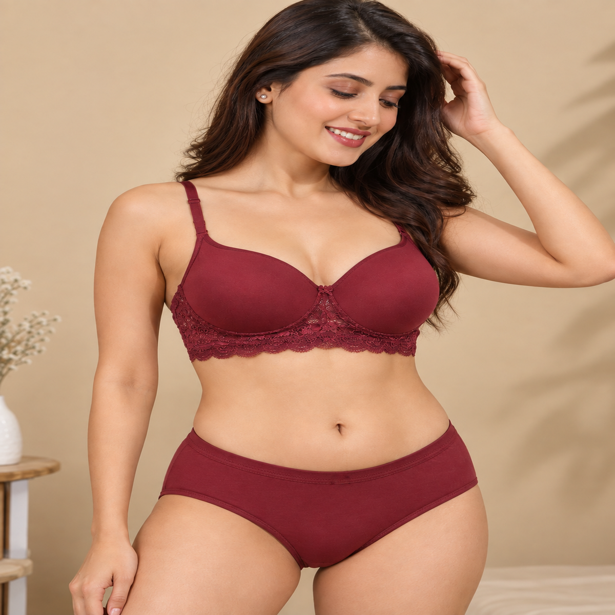 Elen Vosky Women’s Lingerie Set | Panty Set with Strappy Detailing | Breathable Cotton Lycra Fabric | Seamless Padded Bra with Lace Bottom Band