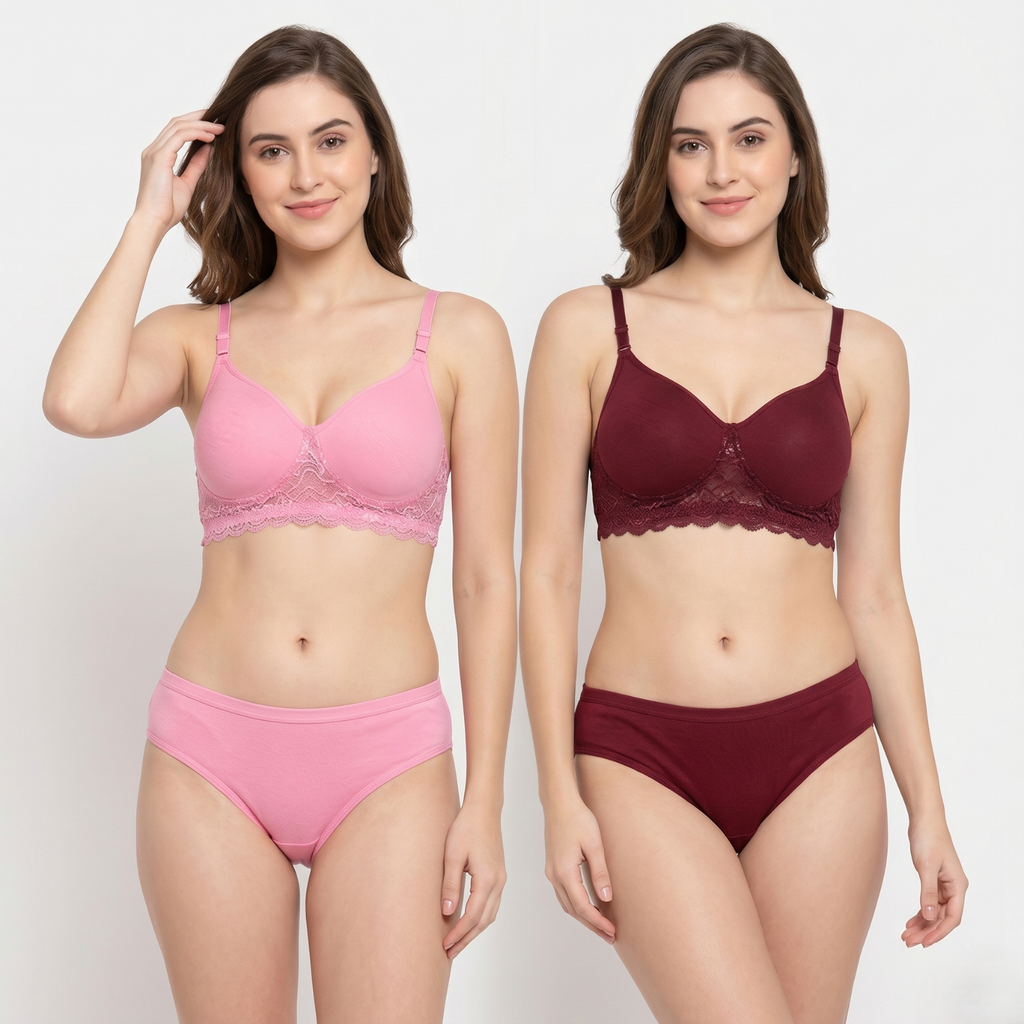 Elen Vosky Women’s Lingerie Set(Pack of 2) | Bra Panty Set with Strappy Detailing |Breathable Cotton Lycra Fabric | Seamless Padded Bra with Lace Bottom Band