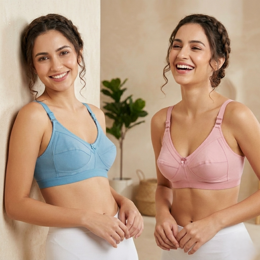 Elen Vosky Non-Padded Bra for Women (Pack of 2) | Seamless Wireless | 3-Hook Back Closure | Adjustable Shoulder Straps | Breathable Cotton Lycra Fabric | Everyday Wear