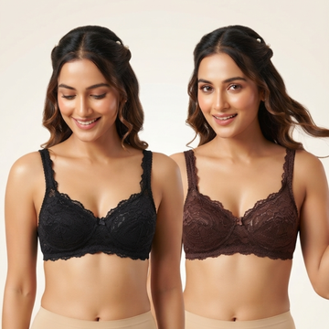 Non-Padded Bra for women | Full Lace & Floral Design | Wire-Free Comfortable Everyday Bra | Adjustable Straps | Lightweight Breathable Lingerie(Pack of 2)