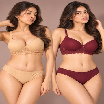 Elen Vosky Women’s Lingerie Set(Pack of 2) | Bra Panty Set with Strappy Detailing |Breathable Cotton Lycra Fabric | Seamless Padded Bra with Lace Bottom Band