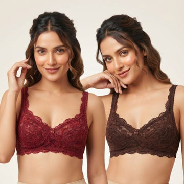 Non-Padded Bra for women | Full Lace & Floral Design | Wire-Free Comfortable Everyday Bra | Adjustable Straps | Lightweight Breathable Lingerie(Pack of 2)