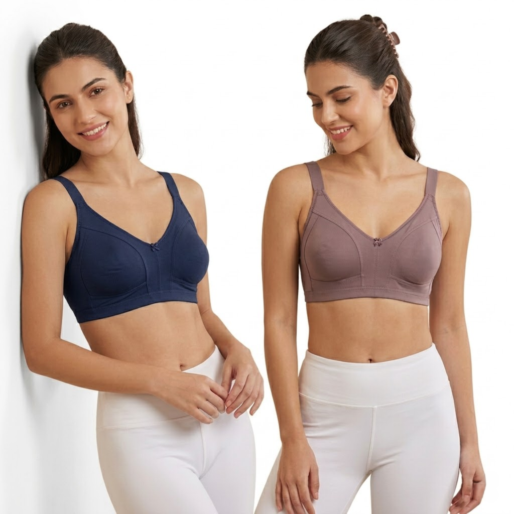 Elen Vosky Premium Bra for Women (Pack of 2) |  Everyday Comfort Bra | Non-Padded Wirefree Cotton Lycra Bra | Seamless Finish & Adjustable Straps | Everyday Wear