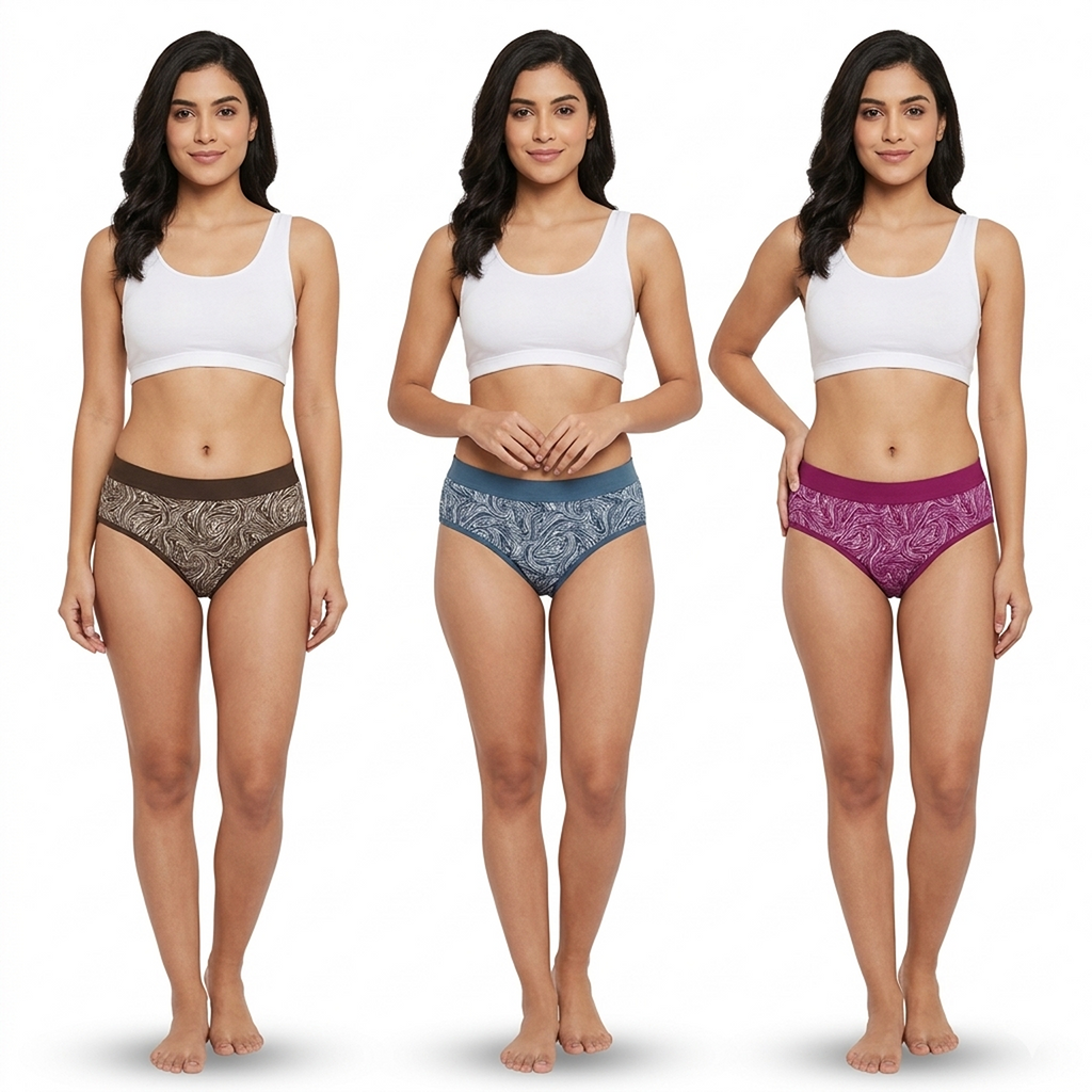 Elen Vosky Women’s Cotton Hipster Panties Pack of 3 | Breathable Cotton Lycra Fabric | Mid Rise Comfort Fit | Full Coverage Innerwear | Stretch Waistband | Anti Odor, Everyday Wear