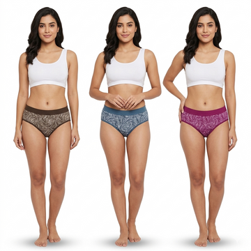 Elen Vosky Women’s Cotton Hipster Panties Pack of 3 | Breathable Cotton Lycra Fabric | Mid Rise Comfort Fit | Full Coverage Innerwear | Stretch Waistband | Anti Odor, Everyday Wear